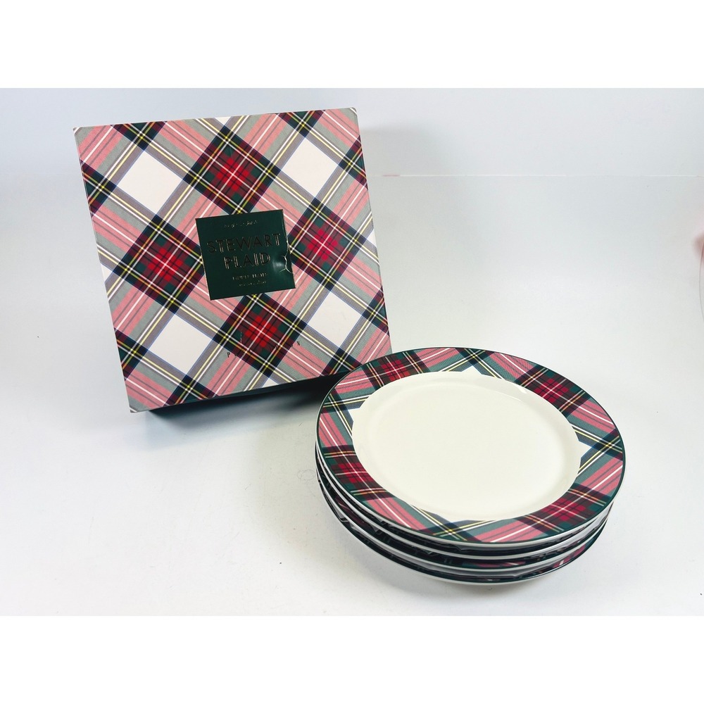 Pottery Barn Stewart Plaid Dinner Plates Set of 4 Red Green Christmas Holiday